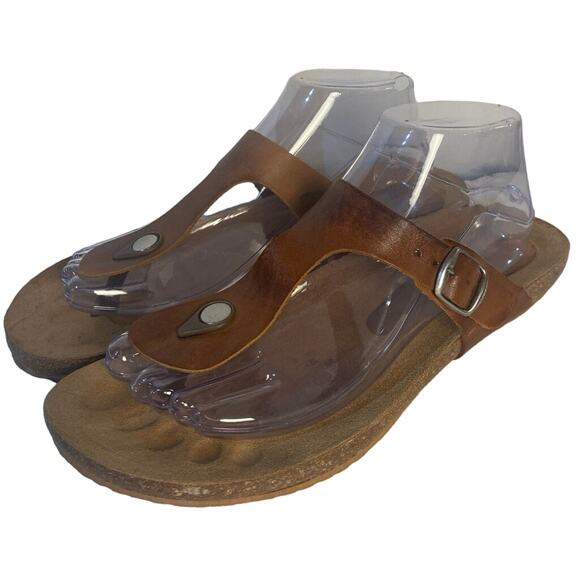 Yokono Leather Brown T Strap Thong Cork Footbed Flip Flop Adjustable Sandal 9.5 - Picture 3 of 7
